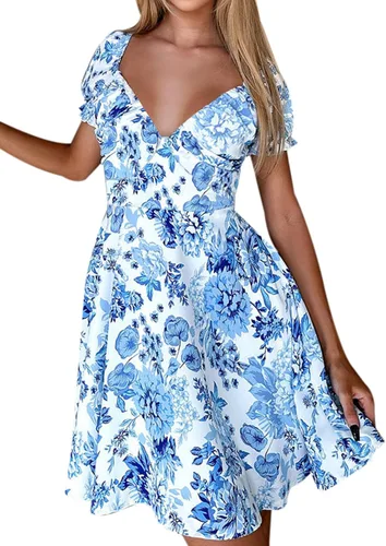 Vista 4 de SPRIME Vestido casual de verano para mujer, cuello en V, manga corta abombada, vestido midi con estampado floral, cintura alta, con abertura