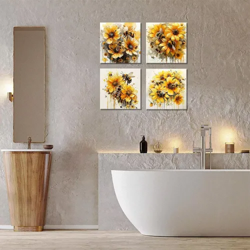 Vista 102 de Wall HDQ Arte de pared de flores para baño, dormitorio, sala de estar, decoración de pared azul y naranja, pintura floral, lienzo impreso, imagen