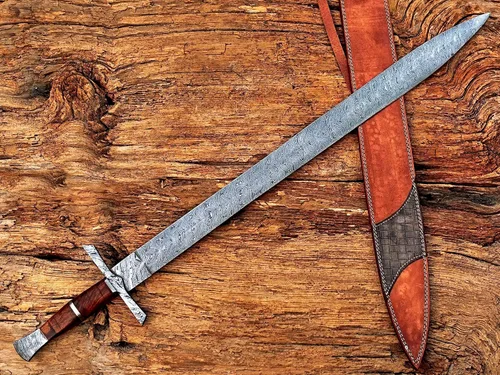 Vista 5 de Espada vikinga hecha a mano, espada medieval de acero de Damasco con funda de cuero, hoja de doble borde de 29 pulgadas