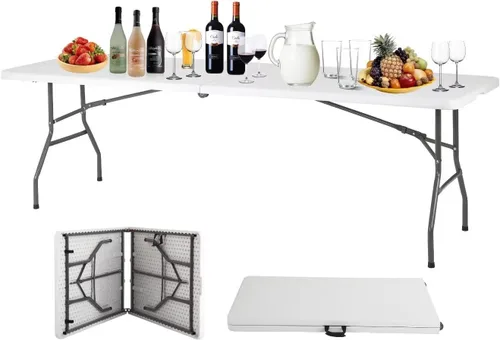 Vista 8 de Mesa plegable portátil de plástico resistente, mesa de picnic de 6 pies, mesa de camping resistente multifunción con asas, práctica mesa plegable