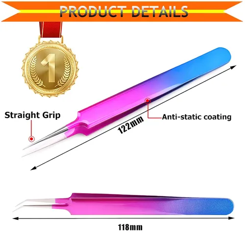 Vista 7 de Pinzas de pestañas aislantes para extensiones de pestañas de volumen, acero inoxidable de precisión profesional, color morado 6.89 x 1.5 x 0.79