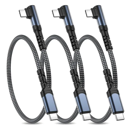 Vista 11 de Cable corto USB C a USB C de 60 W (1 pie, paquete de 3), cable USB-C trenzado de nailon de carga rápida en ángulo recto, cable de carga C de 90 Rojo