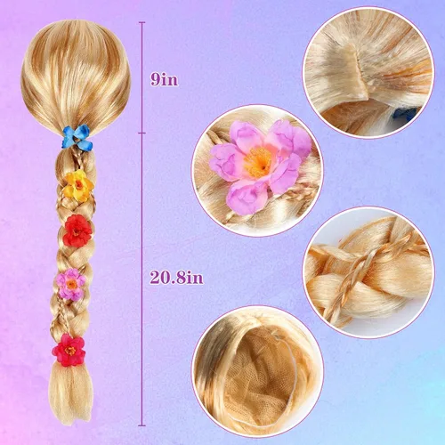 Vista 4 de Tacobear 21 piezas de vestido Rapunzel iluminado para niñas, disfraz de Rapunzel, peluca de Rapunzel, accesorios de princesa, disfraz de Halloween