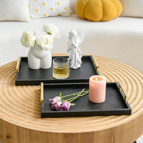 Vista 3 de Juego de 2 bandejas de servir grandes modernas y elegantes de madera, bandeja decorativa rectangular para otomana y mesa de café, de cuero