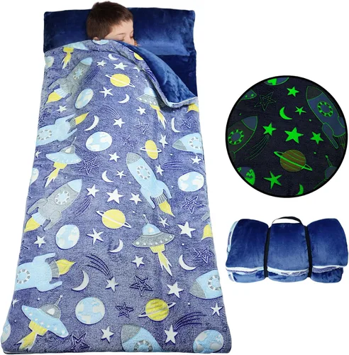 Vista 2 de Saco de dormir para niños que brilla en la oscuridad, para niñas y niños, tapete para siesta de 62 x 28 pulgadas, suave y cómodo para fiestas