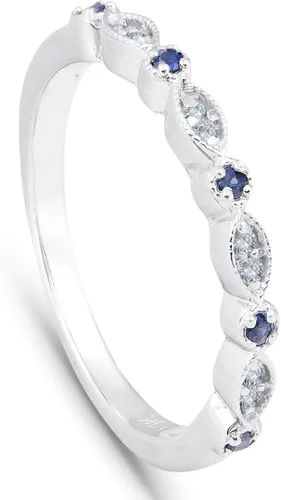 Vista 3 de Anillo de boda de diamantes y zafiro azul de 15 quilates con banda apilable de oro blanco de 10 quilates