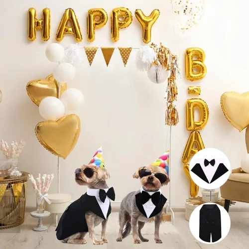 Vista 4 de QBLEEV Esmoquin para perros pequeños, conjunto de traje y bandana, traje de boda con corbatín, disfraz formal de esmoquin para Halloween, Navidad