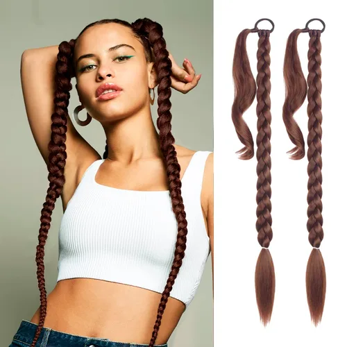 Vista 12 de Paquete de 2 extensiones de cola de caballo trenzada con lazo elástico, lacio, elegante envolvente, extensiones de cola de caballo de 26 pulgadas