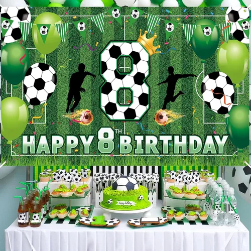 Vista 3 de Decoraciones de fiesta de 8 cumpleaños de fútbol – Cartel de feliz cumpleaños para niños, niños, adolescentes – Suministros grandes para fiestas