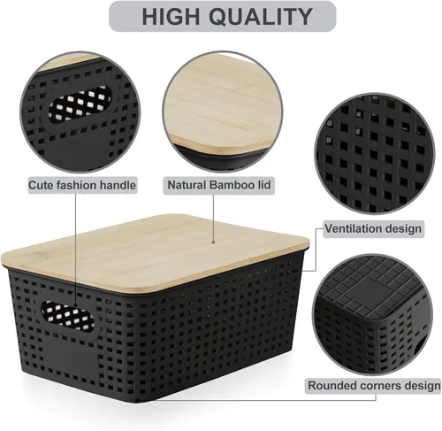 Vista 3 de Bagnizer Contenedores pequeños de plástico con tapas de bambú de 5.2 cuartos de galón, cesta apilable para despensa, contenedores decorativos lindos