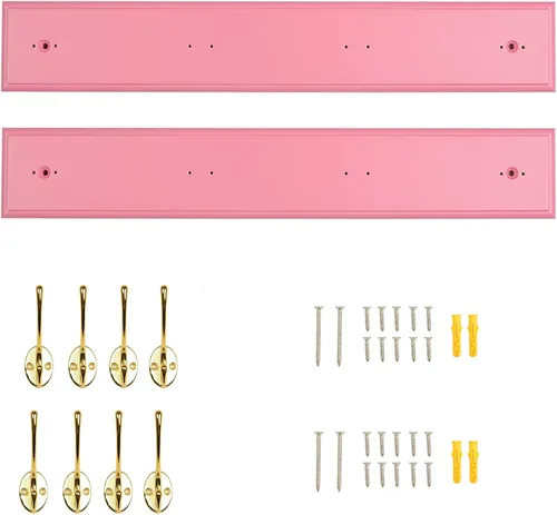 Vista 3 de Perchero de bambú para montaje en pared, 17 pulgadas, 4 ganchos dobles, paquete de 2, rosa y dorado