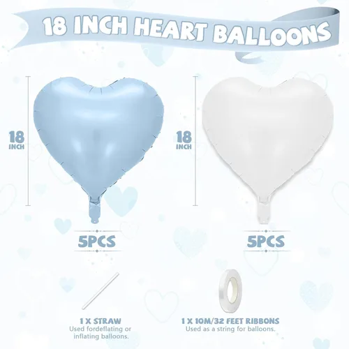 Vista 2 de Globos de corazón azul bebé, 10 piezas de globos en forma de corazón azul claro y blanco pastel, globos de papel de aluminio blanco arena crema