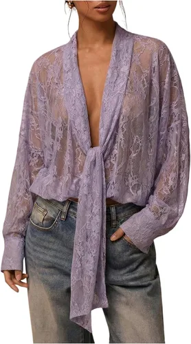 Vista 8 de SOLY HUX Blusa de encaje para mujer, manga larga, malla transparente con lazo frontal Marrón (pure brown)