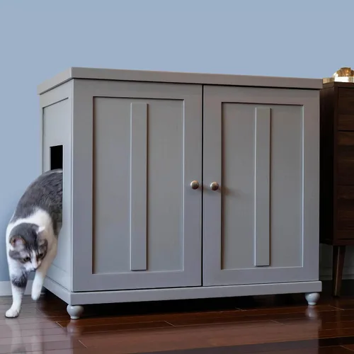 Vista 15 de THE REFINED FELINE Armario de caja de arena para gatos, agitador, gris humo, niveladores ajustables, grande, muebles ocultos para gatos con cajón