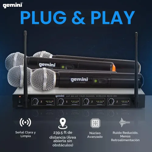 Vista 2 de Gemini Sistema de micrófono de mano inalámbrico UHF de 4 micrófonos (UHF-04M)