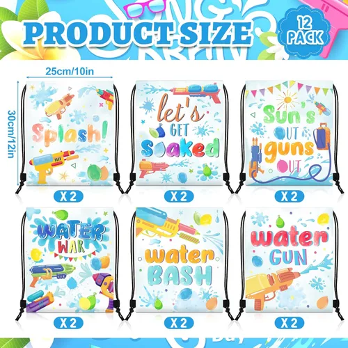Vista 2 de Paterr Mochila con cordón para fiesta de pistola de agua, 12 unidades, para niños, fiesta en la piscina, bolsa de cincha, bolsas de cordón