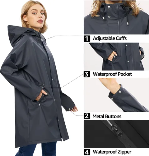 Vista 4 de UNIQUEBELLA Chubasqueros impermeables para mujer, impermeables, abrigos largos con capucha para lluvia, rompevientos, gabardina para exteriores