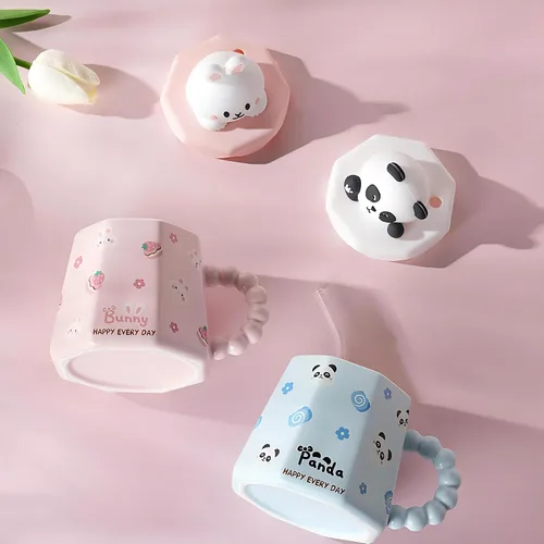 Vista 4 de Taza GawmFoiuy Mark con pajita, taza de cerámica con estampado de animales, 414 ml, tazas de café y té kawaii, tazas de animales divertidas, taza