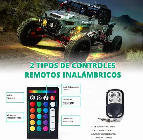 Vista 4 de Xprite - Kit de luces LED RGB bluetooth con controlador RF, luces neón multicolor intermitentes que sincronizan con la música para vehículos Negro