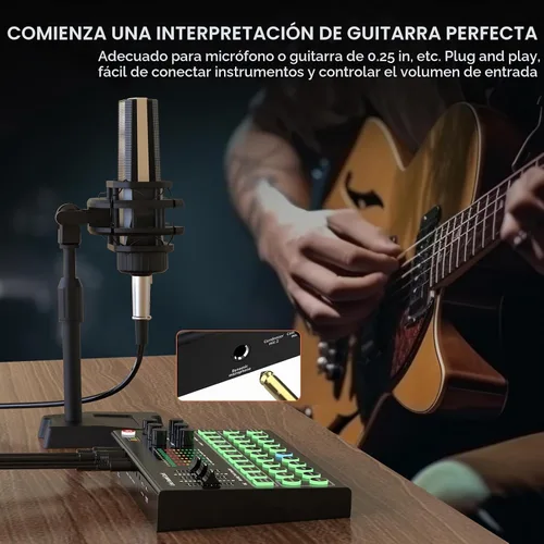 Vista 5 de RHM M9 Paquete de equipo de podcast, interfaz de audio todo en uno con micrófono y auriculares, 13 efectos de sonido, soporte para cambio