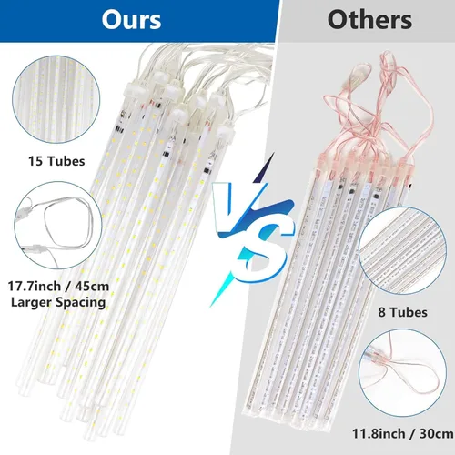 Vista 7 de PEMOTech Luces de lluvia de meteoritos para exteriores, 38.5 pies, 15 tubos de 11.8 pulgadas, 540 luces LED de Navidad al aire libre, luz