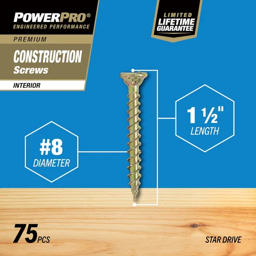 Vista 6 de Power Pro 75 tornillos interiores para madera (#8 x 1-1/2 pulgadas) Tornillos para carpintería Star Drive Sujetadores recubiertos de zinc