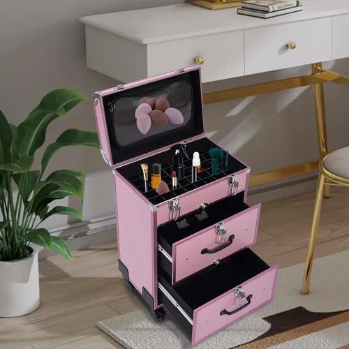 Vista 8 de Estuche profesional de maquillaje con ruedas, con cajones, carrito grande para cosméticos con cerraduras, organizador de almacenamiento
