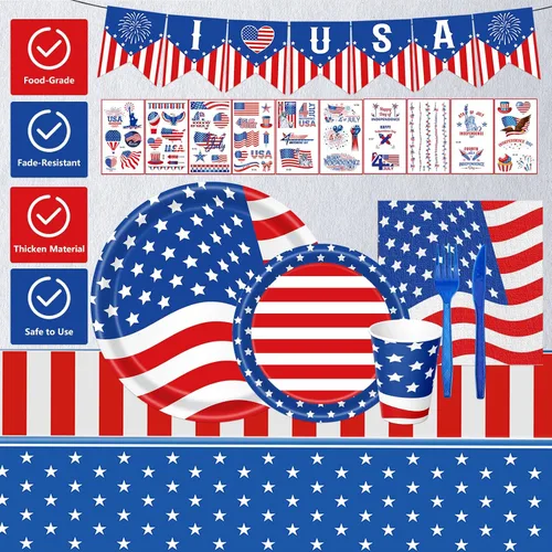 Vista 5 de 108 piezas de suministros para fiesta del 4 de julio, juego de vajilla con la bandera estadounidense, decoraciones patrióticas para fiestas