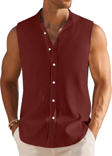 Vista 4 de Camisa sin mangas de lino guayabera cubana para hombre, camisa de verano con botones, camiseta sin mangas de playa, camiseta básica casual