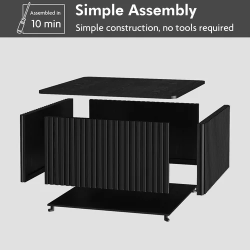 Vista 7 de Mesa de centro cuadrada acanalada con almacenamiento, mesa central grande de madera con parte superior de chapa de madera maciza, mesa de centro