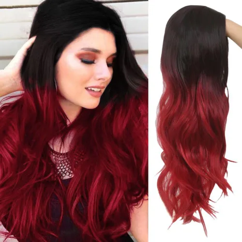 Vista 13 de Swiking Pelucas largas de color verde y negro para mujer, pelucas de cabello ondulado natural ombré verde sintético de fibra suave para fiesta