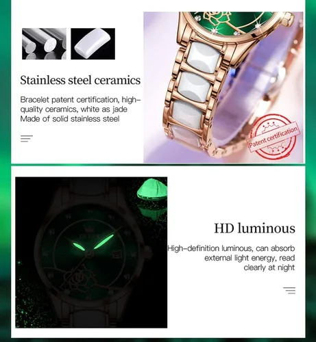 Vista 5 de OLEVS Reloj de pulsera para mujer oro rosa elegante de cerámica para mujer de cuarzo acero inoxidable impermeable luminoso