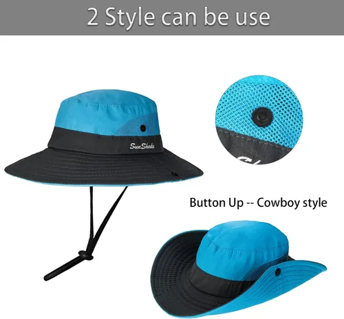 Vista 22 de Sombrero de pesca de playa de ala ancha para mujer, con protección UV, plegable, con agujero para cola de caballo