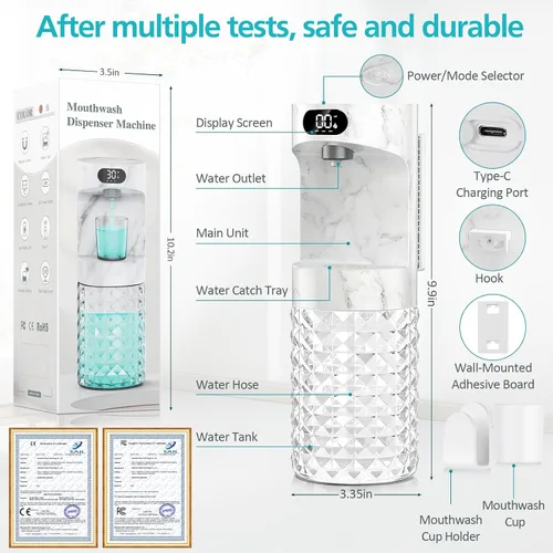 Vista 8 de Dispensador automático de enjuague bucal para baño, dispensador de enjuague bucal de 20.29 onzas, juego de accesorios de baño con tazas magnéticas