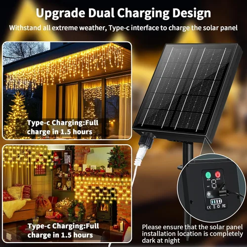 Vista 5 de Luces de carámbano solares para exteriores, 25+5M 800 luces de carámbano de Navidad, 8 modos, luces de cadena decorativas impermeables