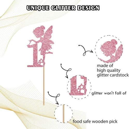 Vista 3 de Decoración para pastel de primer cumpleaños de hadas de oro rosa, decoración temática de hadas de jardín para primer aniversario/fiesta