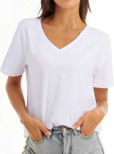 Vista 4 de Camisetas de manga corta para mujer, blusas de cuello en V de ajuste holgado