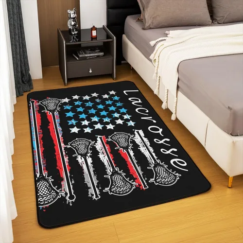 Vista 4 de jejeloiu Lacrosse - Alfombra decorativa de 3 x 5 pies para niños, diseño de bandera estadounidense, temática deportiva, para mujeres y hombres