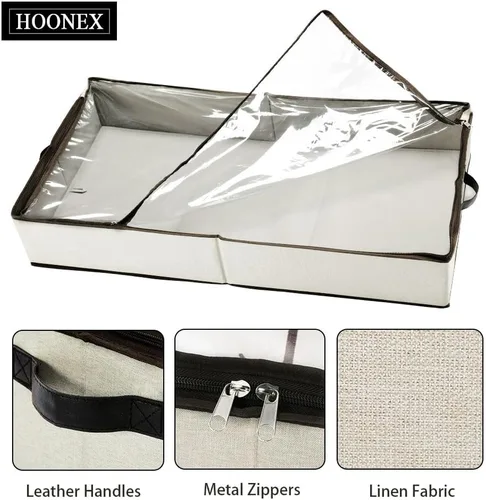 Vista 3 de HOONEX Contenedores de almacenamiento para debajo de la cama, tapa superior transparente con cremallera, tela de lino exterior, marco reforzado