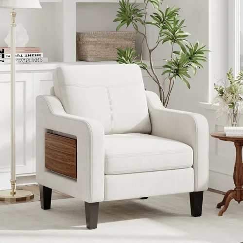 Vista 2 de Silla de acento para sala de estar, sillón moderno tapizado en lino, silla de sofá lateral de tela con estructura de madera con mesa plegable, 2