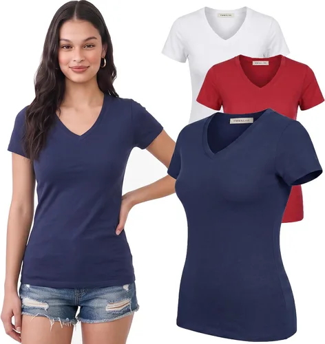 Vista 51 de Emmalise Camiseta de manga corta para mujer, cuello en V, tallas junior y plus