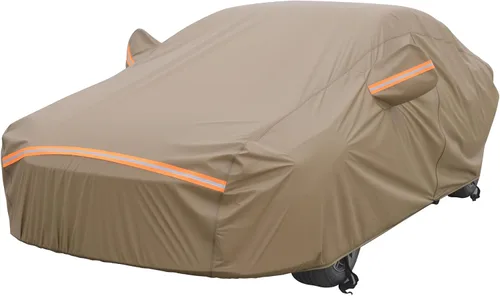 Vista 8 de Funda impermeable para automóvil para todo tipo de clima, 6 capas exteriores completas con cremallera de algodón, bolsillo de espejo. Funda