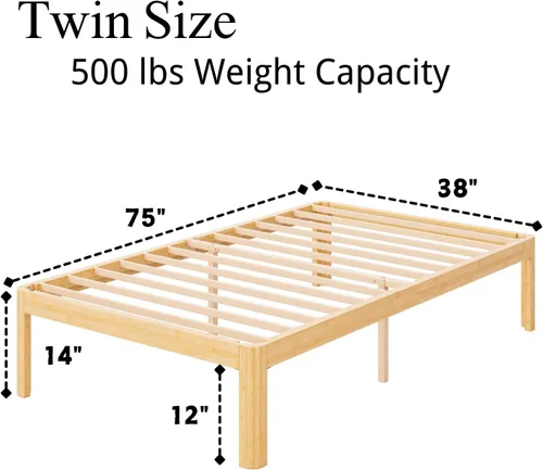 Vista 2 de ZIYOO Marco de cama de plataforma de bambú de tamaño individual de 14 pulgadas, diseño minimalista moderno, soporte resistente, fácil montaje,