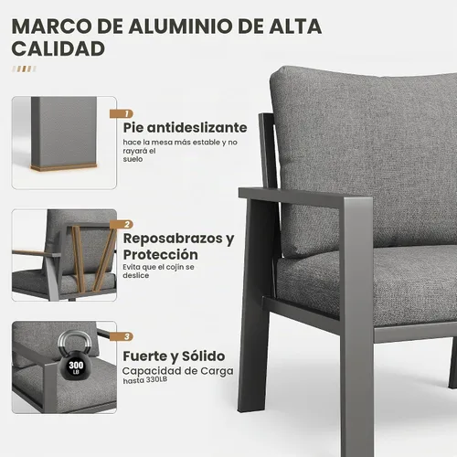 Vista 2 de Juego de muebles de aluminio para exteriores para todo tipo de clima, sofá seccional con mesa auxiliar y cojines con fundas extraíbles para terraza