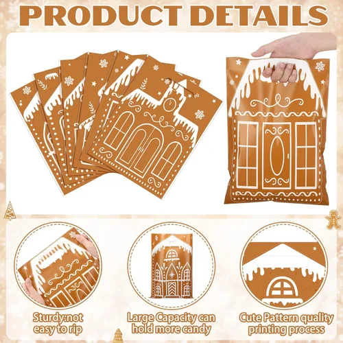 Vista 4 de Sinmoe 200 bolsas de plástico de Navidad a granel, bolsa de regalo de mercancía de Navidad con asa de 9 x 12 pulgadas, reutilizable, bolsa de regalo