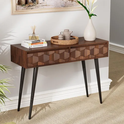 Vista 8 de Bme Lyra - Mesa consola, madera maciza pura con acabado de roble, mesa de entrada y pasillo, capacidad de 297 libras, niveladores ajustables, fácil