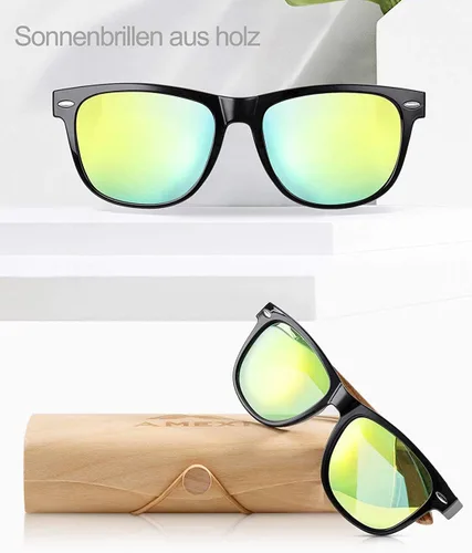 Vista 4 de DENWAY Gafas de sol polarizadas de madera para hombres y mujeres, lentes polarizadas y marco de madera real, 100% rayos UVA/UVB, Dorado