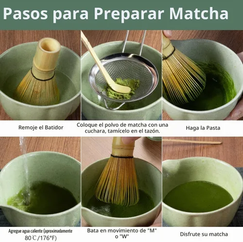 Vista 7 de Juego de Batidor de Matcha, Kit de Matcha Japonés de 7 Piezas que Incluye Tazón de Matcha con Pico, Batidor de Bambú, Soporte Chasen, Tamiz de Acero