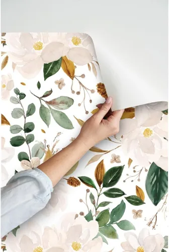 Vista 3 de Spoonflower Papel tapiz para despegar y pegar - Papel pintado extraíble personalizado con flores de magnolias florales doradas