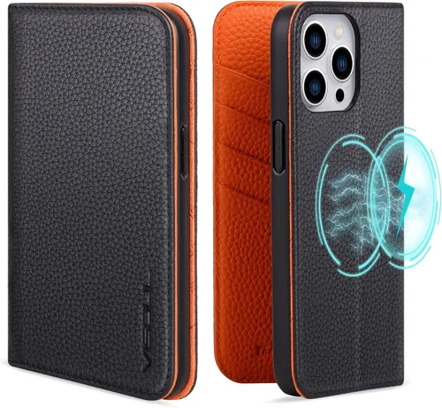 Vista 14 de VISOUL Pebbled - Funda de piel auténtica para iPhone 15 Pro Max con tarjetero y función atril magnético para iPhone 15 Pro Max (6.7 pulgadas)
